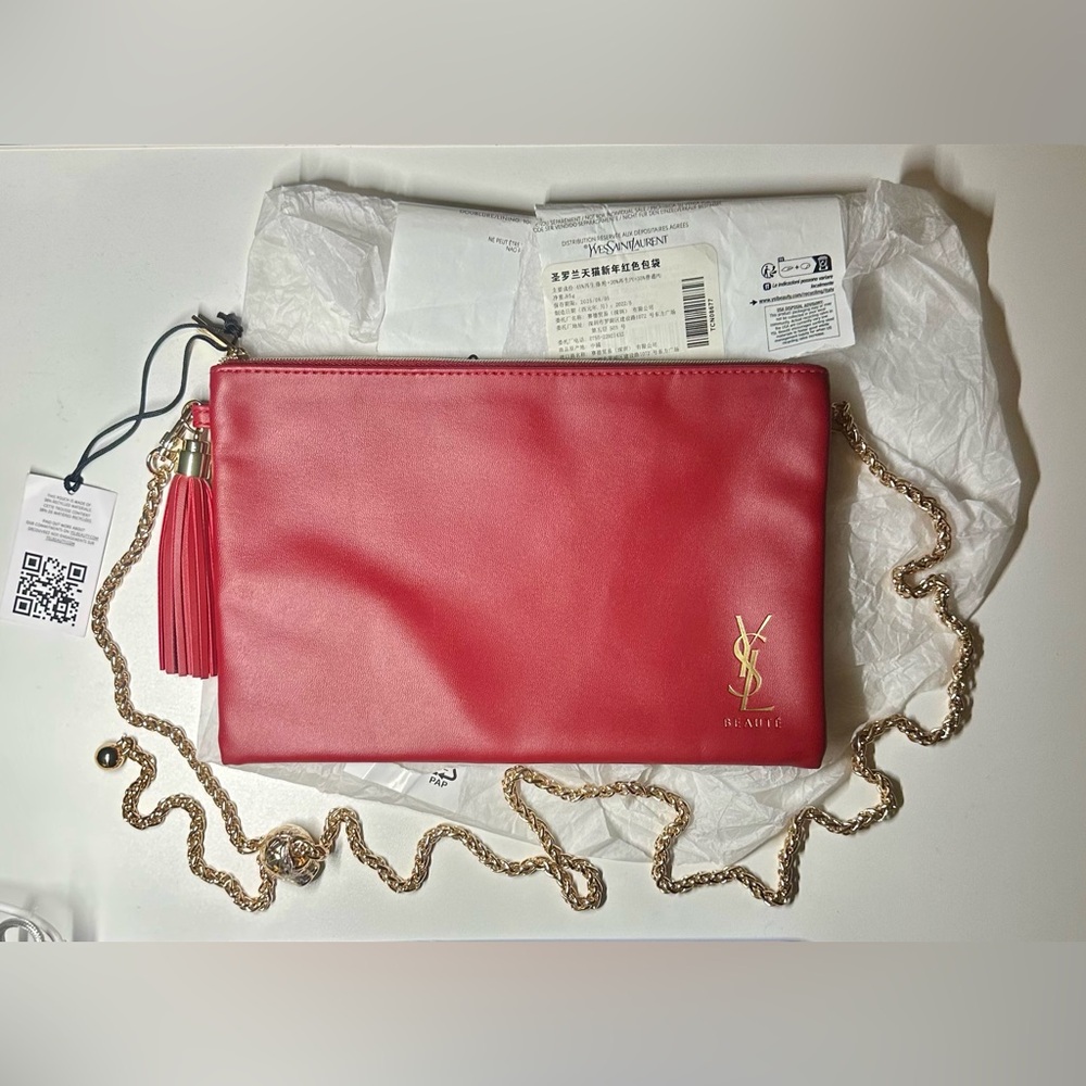 Yves Saint Laurent (YSL) Red Clutch w/ add on Chain Strap and D Ring GWP NWT